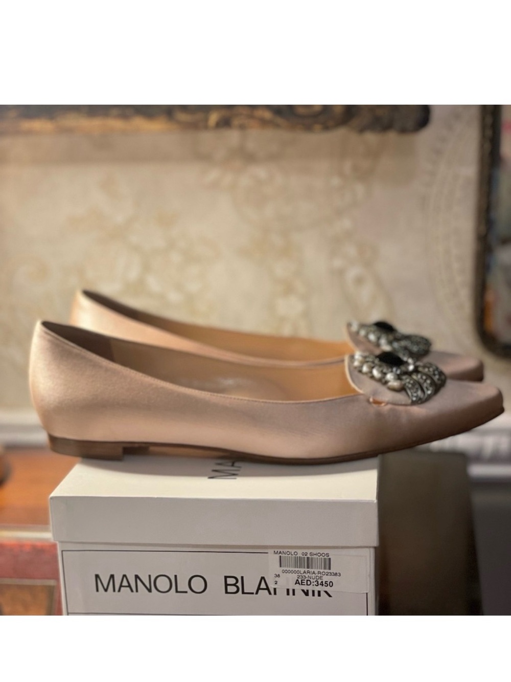 Manolo Blahnik Jeweled Satin Flats Nude/Soft Pink Size 38 - Picture 2 of 6